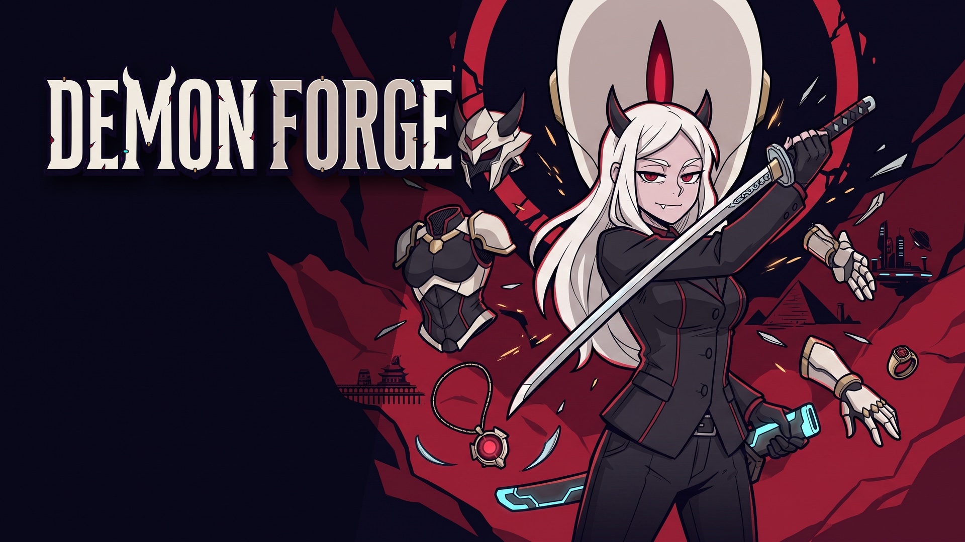 DemonForge key art featuring a white-haired demon warrior with a sword